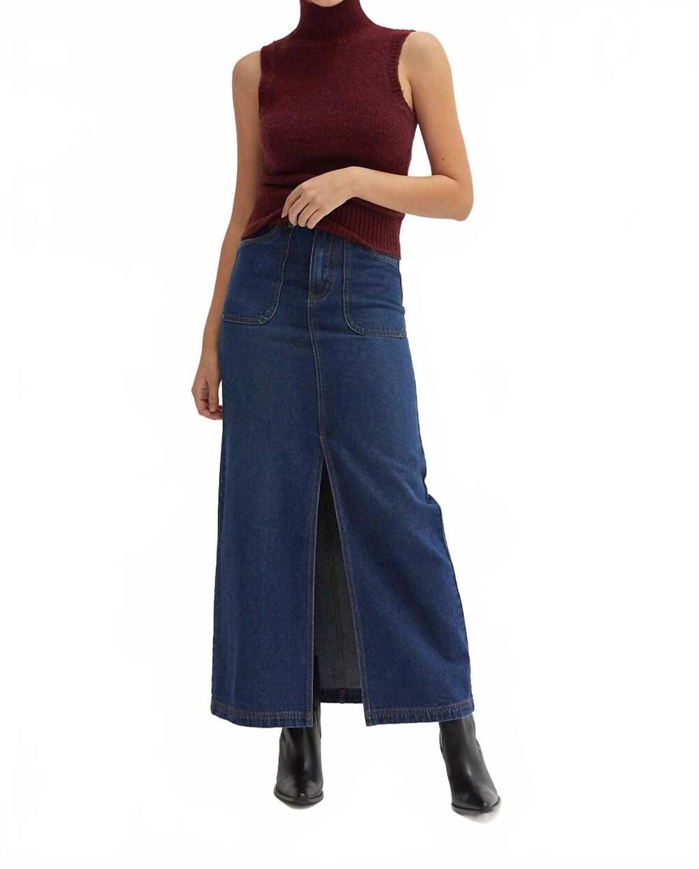 NEW CRESCENT esther high waisted midi skirt in blue denim